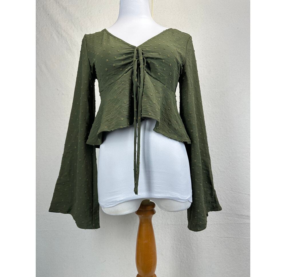 Alter'd State Green Swiss Dot Long Sleeve Blouse SZ Small Cropped Flowy Boho